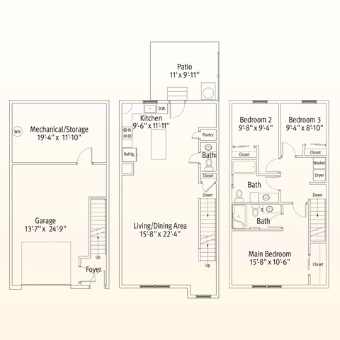 Floor plan for 3 beds, 2.5 baths, 1469 sqft